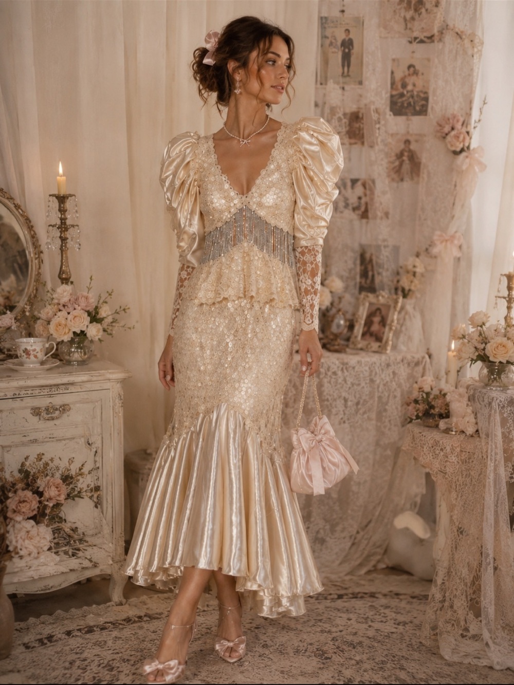 Vintage Cachet by Bari Protas ivory Lace Mermaid Gown with Puff Sleeves